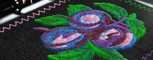 Close-up of a vibrant embroidered fruit and leaf design on black fabric, showcasing Dhaga-Raga’s expertise in 2D, 3D, and mixed stitch techniques for detailed and creative embroidery customization
