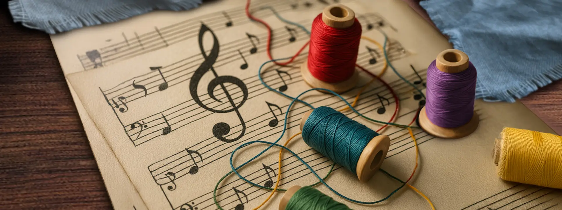 Main banner of Dhaga-Raga’s About Us page featuring colorful embroidery threads and scissors on a pastel background, highlighting the brand’s expertise in personalization, customization, and artistic product embroidery