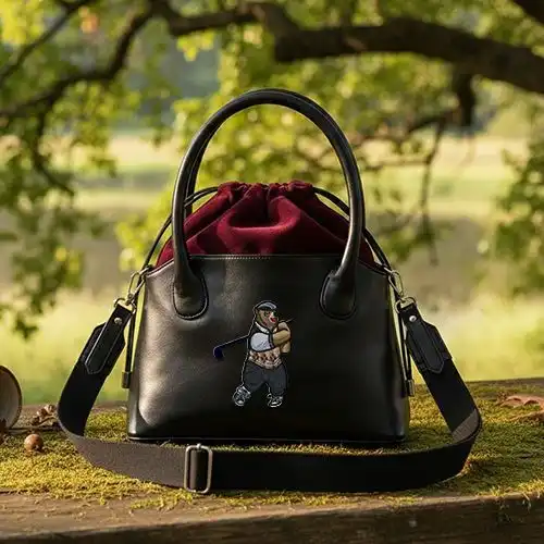 Embroidered Black Bucket Bag With Glofing Grizzely Bear Design