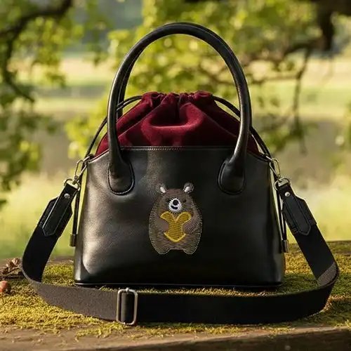 Embroidered Black Bucket Bag With Huggy Bear Design