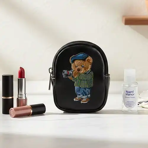 Embroidered Black Earphone Cover With Bear Focus Design