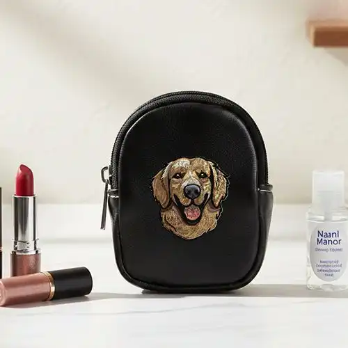 Embroidered Black Earphone Pouch With Happy Retriever Design