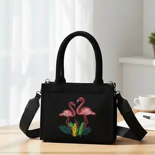 Embroidered Black Handbag With Flamingo Design