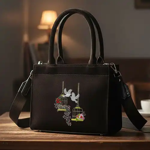 Embroidered Black Handbag With Love In Cage Design