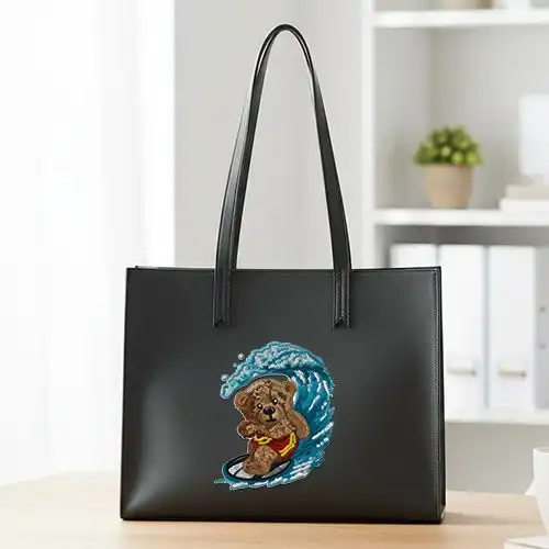 Embroidered Black Large Handbag With Beach Bear Design