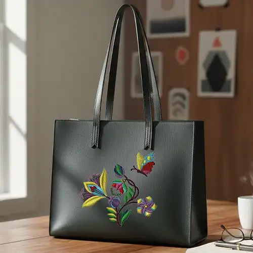 Embroidered Black Large Handbag With Butterfly Gardern Design