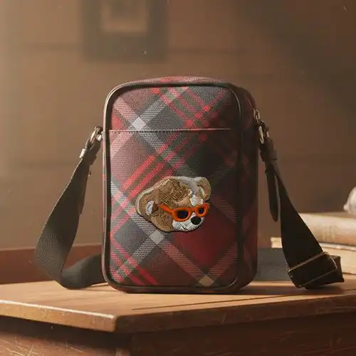 Embroidered Black Messagener Bag With Retro Bear Design