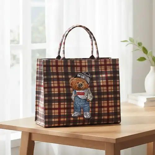 Embroidered Block Large Handbag With Street Bear Design
