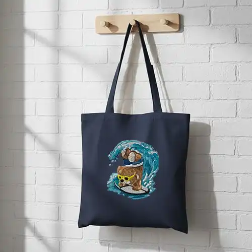 Embroidered Blue Jhola Bag With Surf Bear Design