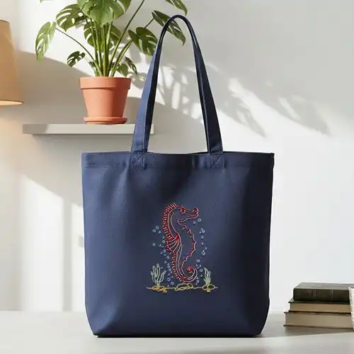 Embroidered Blue Jhola Bag With Wavy Sea Horse Design