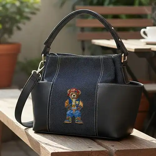 Embroidered Bucket Bag With Hip Hop Bear Design