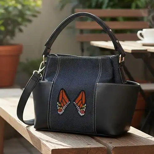 Embroidered Bucket Bag With Monarch Wing Design