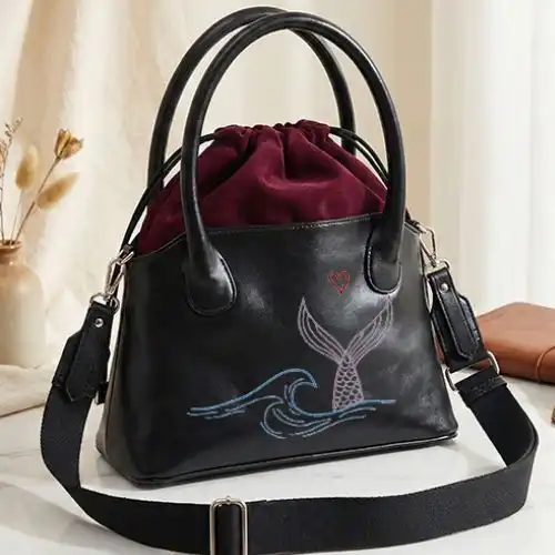 Embroidered Bucket Black Bag With Ocean Whale Kiss Design