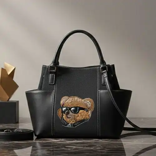 Embroidered Bucket Handbag With Bear In Black Design