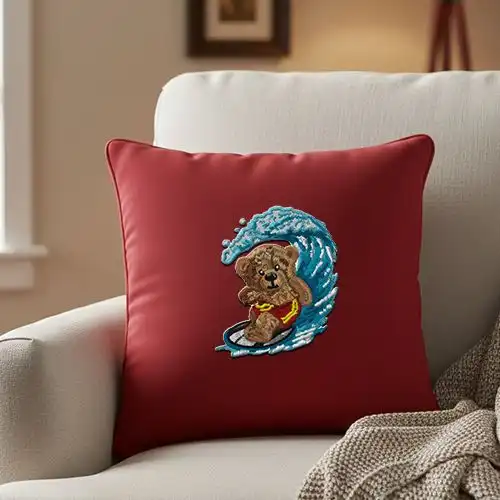 Embroidered Cushion Cover With Beach Bear Design