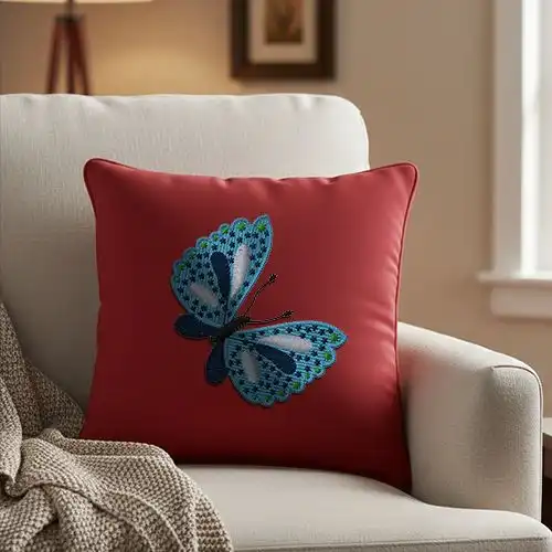 Embroidered Cushion Cover With Blue Flutter Design