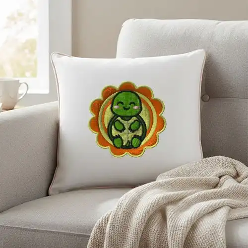 Embroidered Cushion Cover With Cheerful Turtle Flower Design