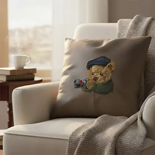 Embroidered Cushion Cover With Cozy Lean Bear Design