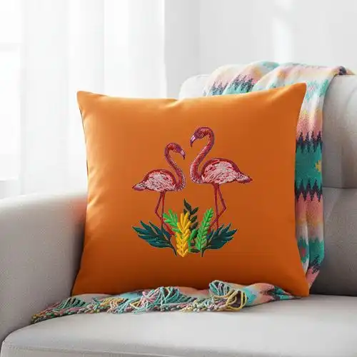 Embroidered Cushion Cover With Flamingo Design