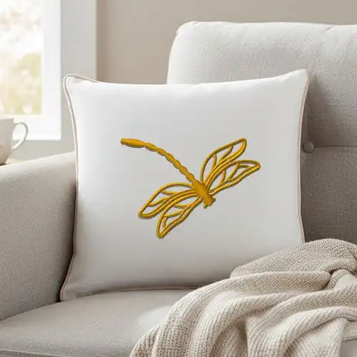 Embroidered Cushion Cover With Golden Dargonfly Design