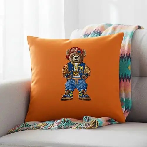 Embroidered Cushion Cover With Hip Hop Bear Design
