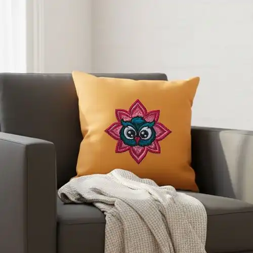 Embroidered Cushion Cover With Night Bloom Owl Design