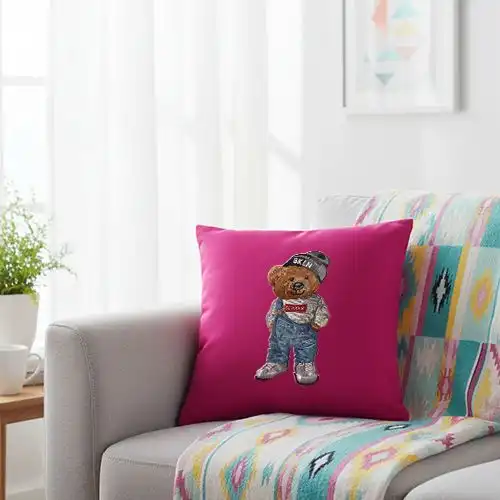 Embroidered Cushion Cover With Street Bear Design