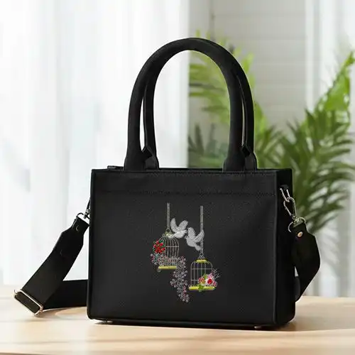 Embroidered Darkblue Handbag With Love In Cage Design