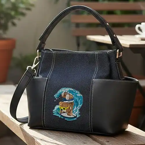 Embroidered Demin Bucket Handbag With Surf Bear Design