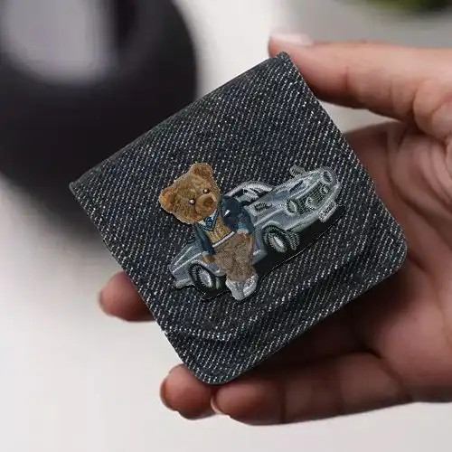 Embroidered Demin Cushion Cover With Car Club Bear Design