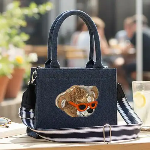 Embroidered Demin Small Bag With Retro Bear Design