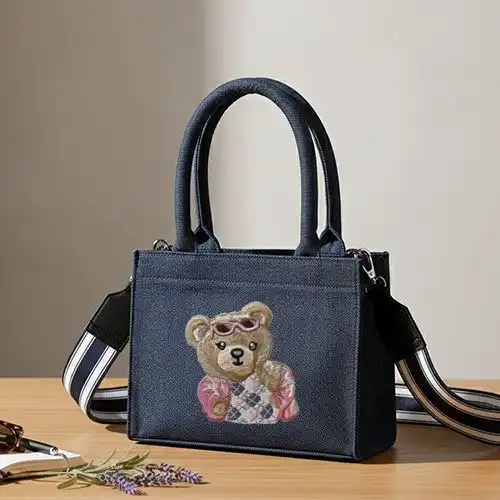 Embroidered Demin Small Handbag With Fashionista Bear Design