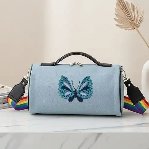 Embroidered Duffle Bag With Blue Flutter Design