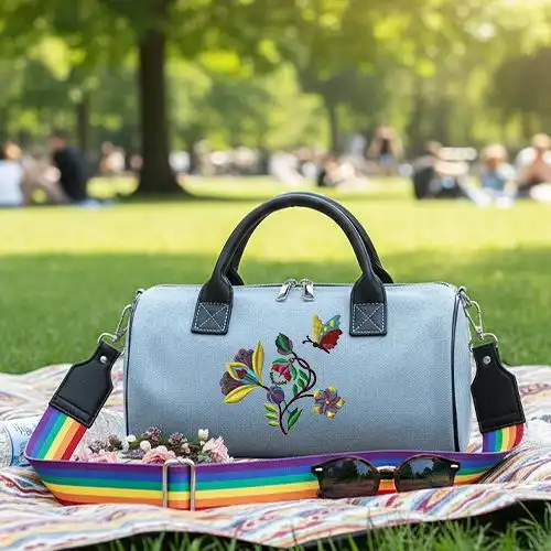 Embroidered Duffle Handbag With Butterfly Gardern Design