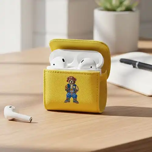 Embroidered Earphone Cover With Hip Hop Bear Design