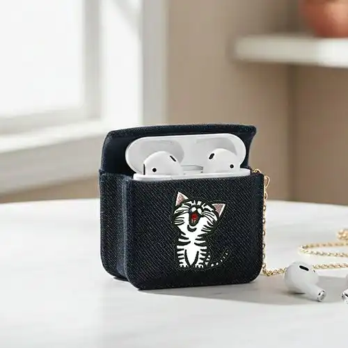 Embroidered Earphone Cover With Meow Design
