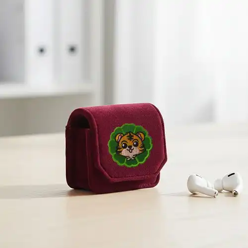 Embroidered Earphone Cover With Tiger Cube Charm Design