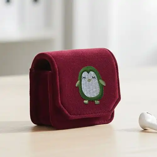 Embroidered Earphone Pouch With Greenie Penguin Design