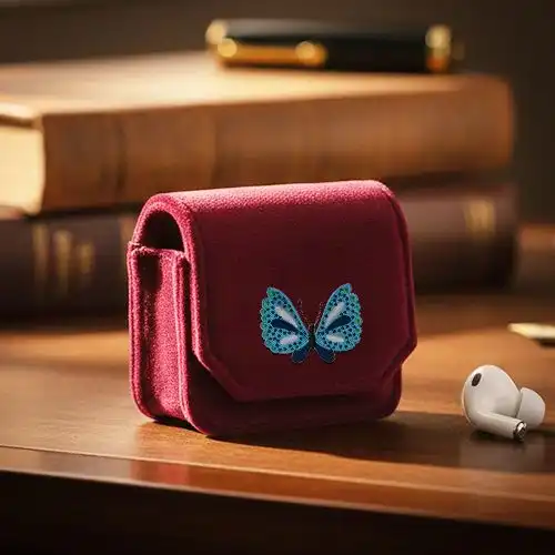 Embroidered Earphone Red Cover With Blue Flutter Design