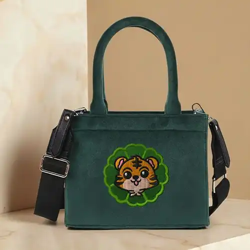 Embroidered Green Bag With Tiger Cube Charm Design