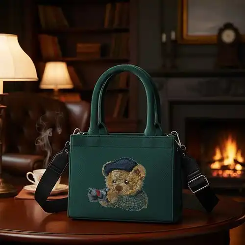 Embroidered Green Handbag With Cozy Lean Bear Design