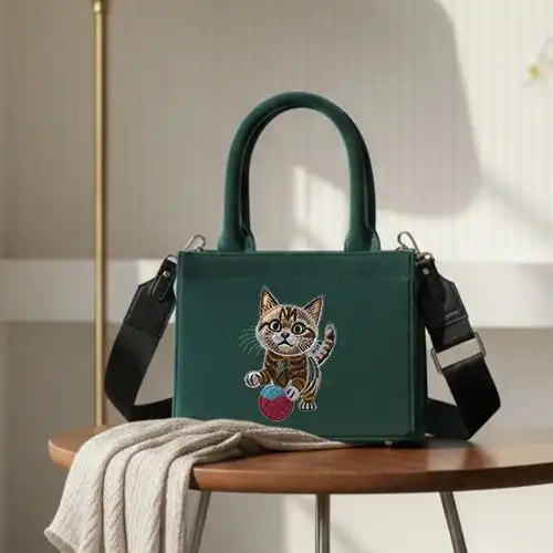 Embroidered Green Handbag With Whisker Playtime Design