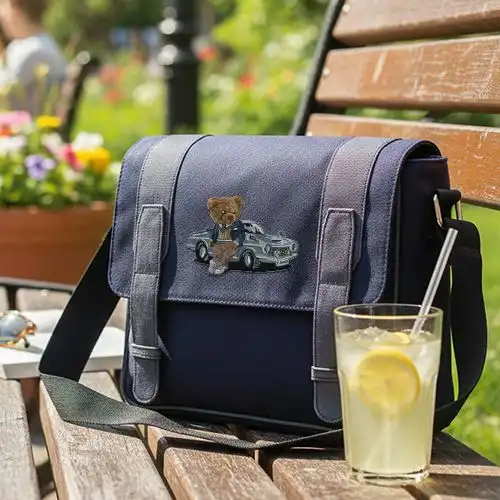 Embroidered Messagener Bag With Car Club Bear Design