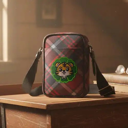 Embroidered Messagener Bag With Tiger Cube Charm Design
