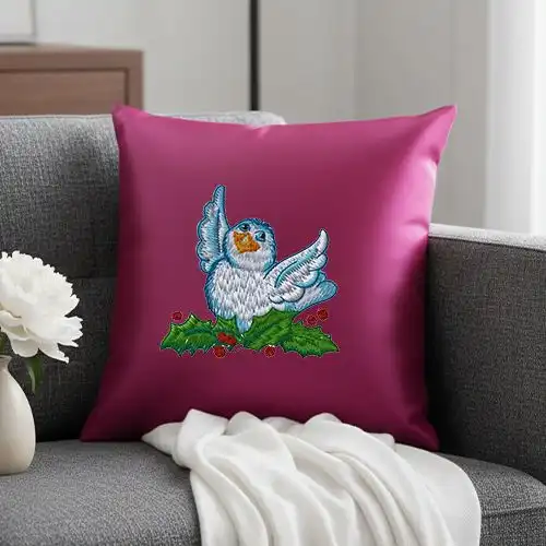 Embroidered Pink Cushion Cover With Festive Sangbird Design