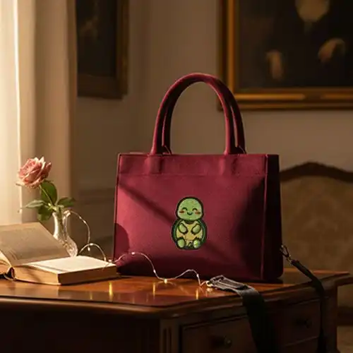 Embroidered Red Handbag With Baby Turtle Charm Design
