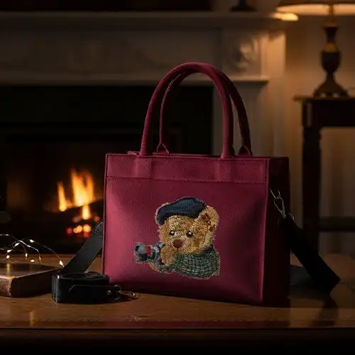 Embroidered Red Handbag With Cozy Lean Bear Design