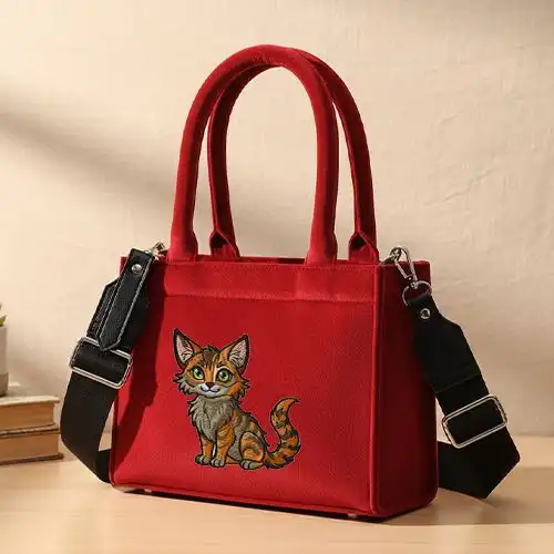 Embroidered Red Handbag With Wildfire Cat Design