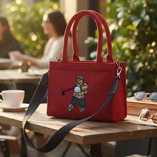 Embroidered Red Small Bag With Glofing Grizzely Bear Design