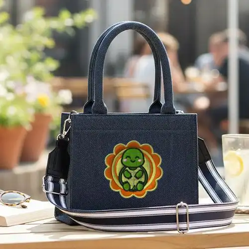Embroidered Small Handbag With Cheerful Turtle Flower Design